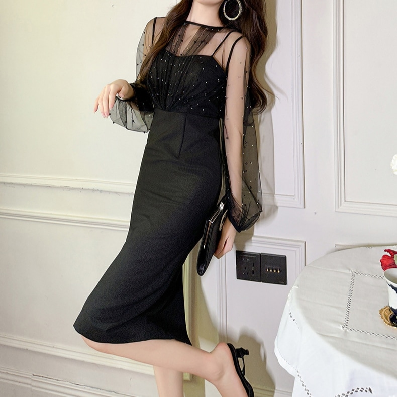 レディース ワンピース ドレス 膝丈 膝下 長袖 ラメ感 タイト Iライン フェミニン ウエストマーク バックスリット ハイウエスト 透け感 シースルー ボタン 切り替えデザイン ドッキング かわいい