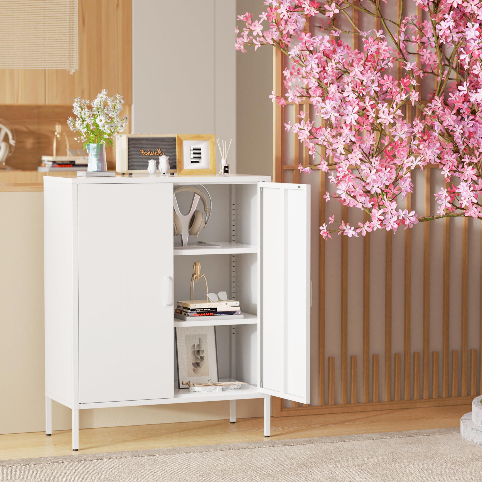 キャビネットリビング 収納 サイドボード 扉付き 収納棚 金属製 サイドキャビネット 通気孔付き おしゃれ 白 組立品 高101.5cm (光沢面 ホワイト) 12,761円