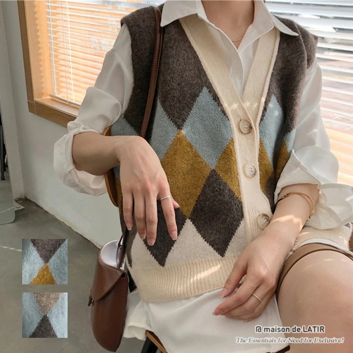 アーガイル柄が可愛いカジュアルベスト ニットベスト セーター トラッド風夏 夏服 韓国ファッション