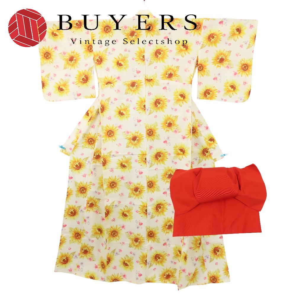 中古 浴衣 セット 作り帯 綿 ポリエステル ホワイト レッド 綿紅梅 花柄 和装 呉服 和服 きもの レディース 女性