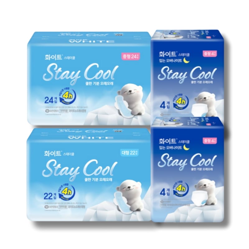 [生理用ナプキンセット] ホワイト ステイクール 生理用ナプキン 中型 24p+大型22p+着るオーバーナイト 中型 8p