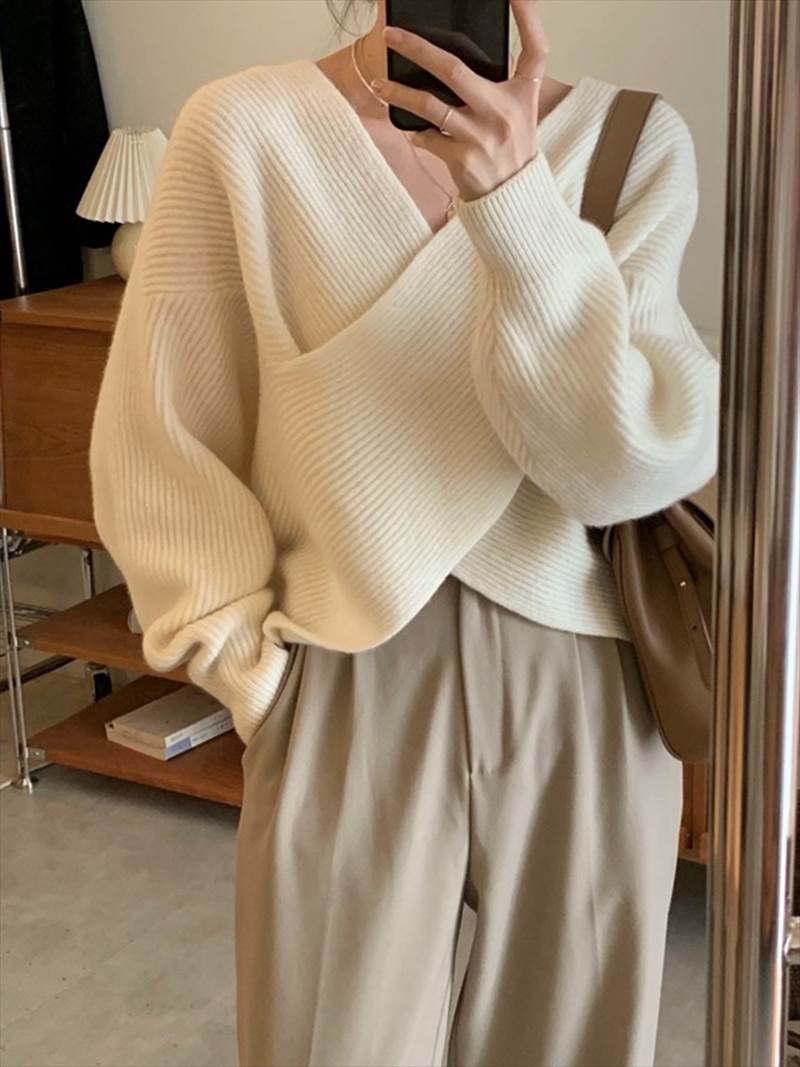 カシュクール リブニットセーター レディース トップス ニット セーター プルオーバー 長袖 ドロップショルダー Vネック 襟なし リブ リブニット かわいい 大人可愛い きれいめ シンプル カジュア