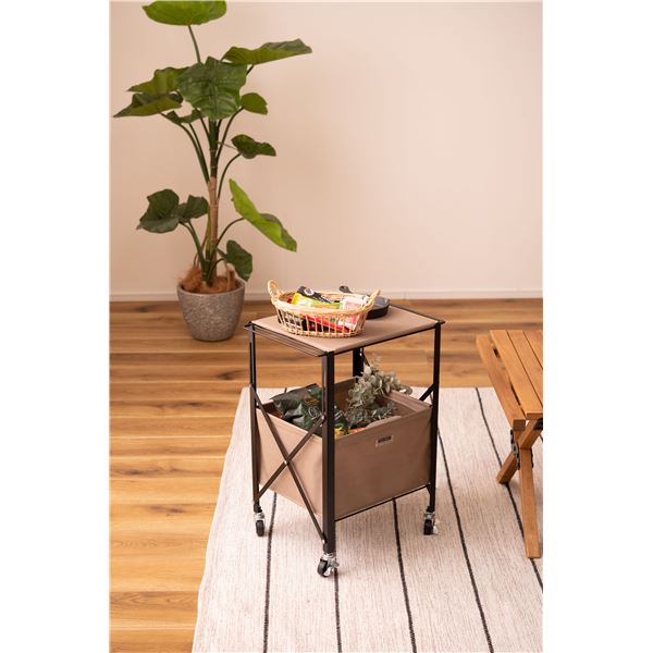 サイドテーブル 約幅39.5cm ベージュ キャスター付き 移動便利 折りたたみ スチール フォールディング テーブルワゴン 組立品