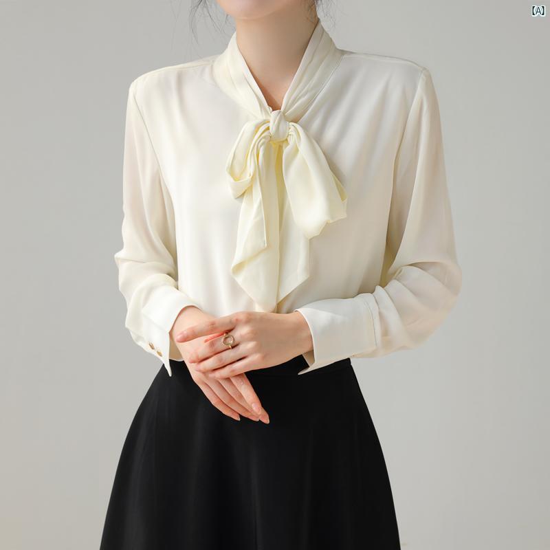 レディース ファッション　レディース　カジュアル　上品　綺麗　外出 ボウ リボン 長袖 ダーク 前立て シャツ 夏 薄手 通気性 通勤 シフォンシャツ ホワイト