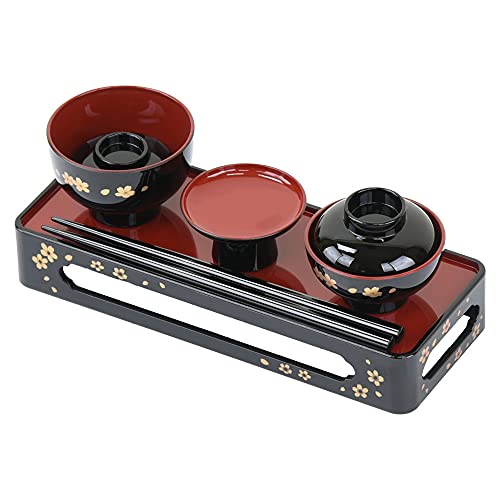 【お仏壇のはせがわ】 略式御霊具膳 黒 内朱 蒔絵 桜 6.5 仏具 御膳 霊供膳 お供え お膳 お椀 お盆 お彼岸 法事