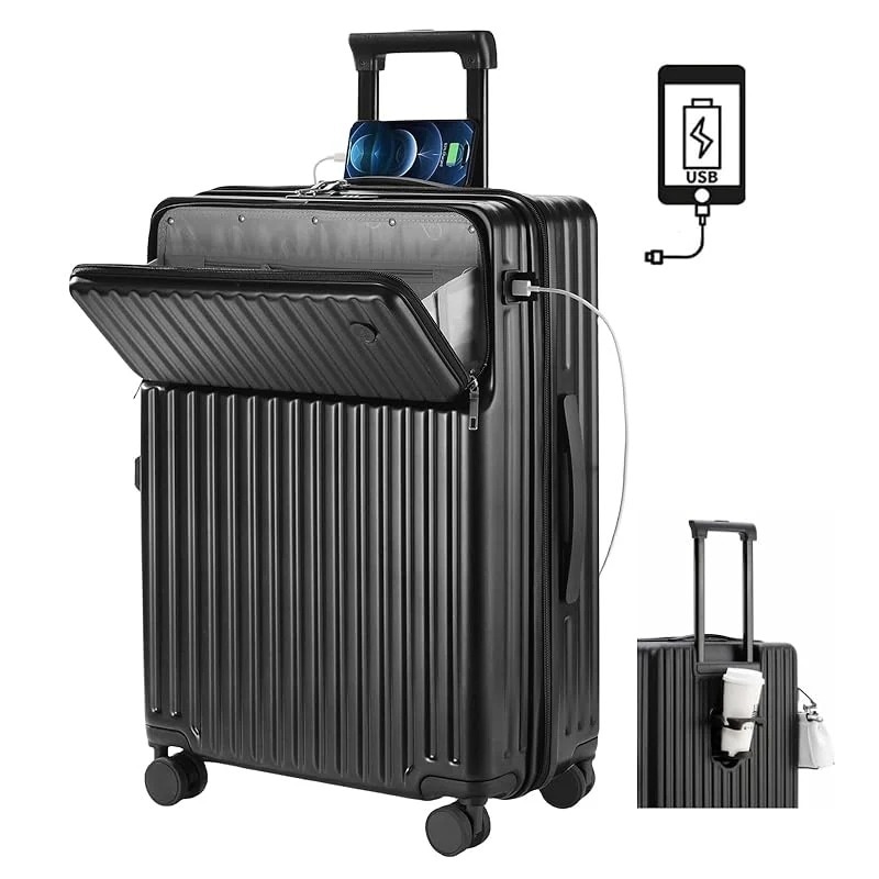 [RoamRover] スーツケース フロントオープン 機内持ち込み キャリーケース usbポート付き キャリーバッグ カップホルダー付き パソコン収納ポケット 前開き 荷物フック 充電機能 トップオ