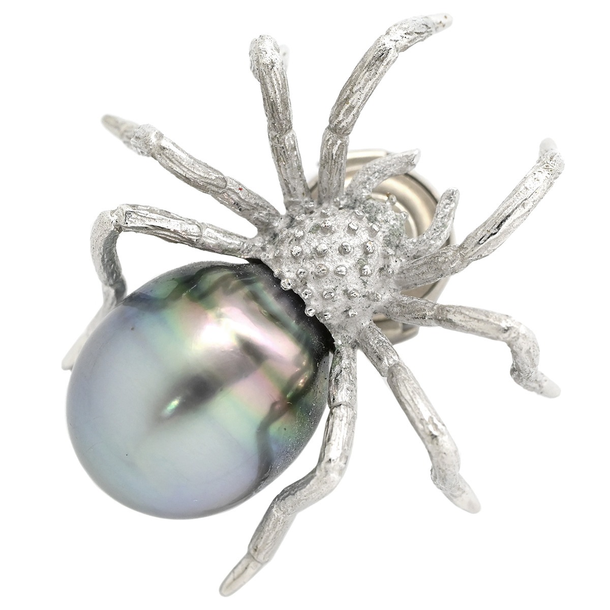 ブローチ 黒蝶パール 12.9mm 蜘蛛モチーフ ピンブローチ ホワイトゴールド クモ くも 黒真珠 バロックパール シルバー 18K 750WG 18金 【中古】