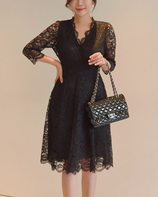 P0000QAG　５分スリーブオールレースVネックワンピース（SLサイズ）OLワンピースフォーマルドレス結婚式ドレス2次会ドレスお呼ばれドレスパーティードレス大人ワンピースレースドレ 12,305円