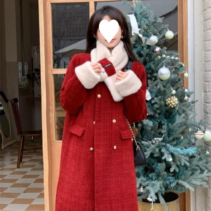 クリスマスの雰囲気と赤いデザインの女性用ミドル丈ジャケット 23トレンチコート