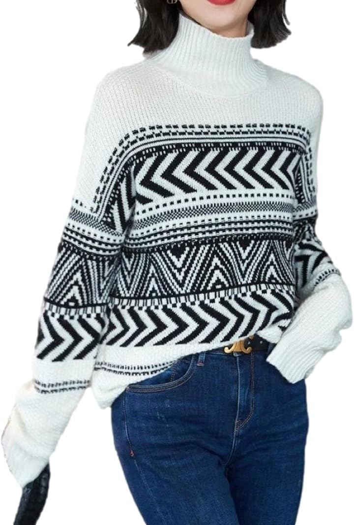 ジェイスコット フェアアイル柄ニット レディース ボトルネックセーター ドロップショルダー 長袖 ゆったり 幾何学 (ホワイト, XL)