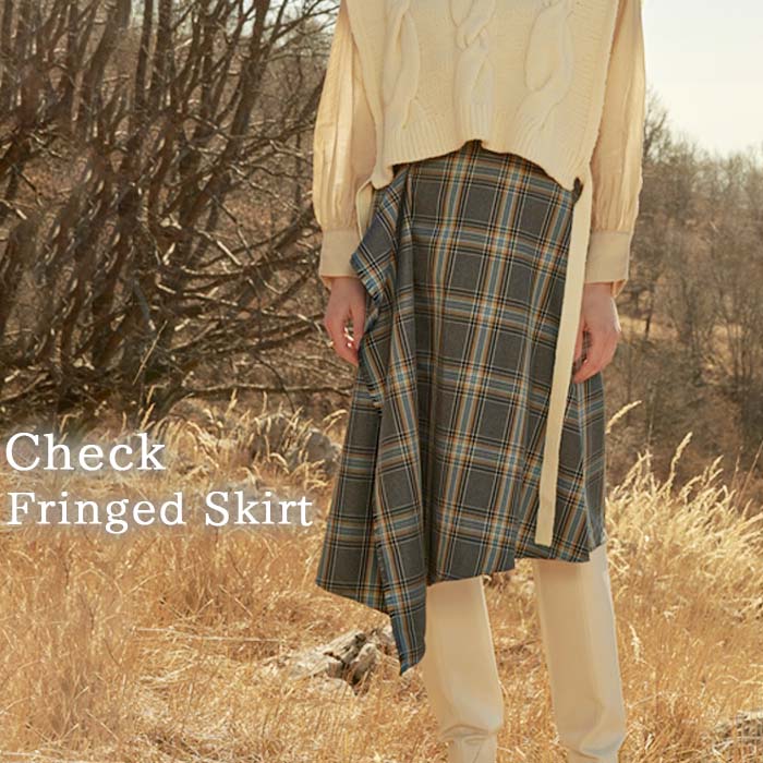 MIND フリンジチェックスカート 通販 日本製 スカート チェックスカート フリンジスカート 台形スカート ひざ丈スカート レディース チェック ひざ丈 膝丈 ひざ下 アシンメトリー ブランド マイ 15,985円