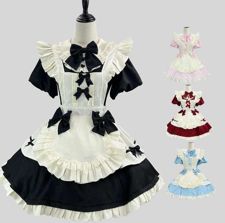 迅速な出荷 ショート丈 メイド服 半袖 膝丈 ミドル丈 メイドコスチューム レディース 大人 可愛い Lolita ロリータ服 エプロンドレス 裾フリル 蝶リボン 女性 メイド コスプレ 衣装 ハロウ