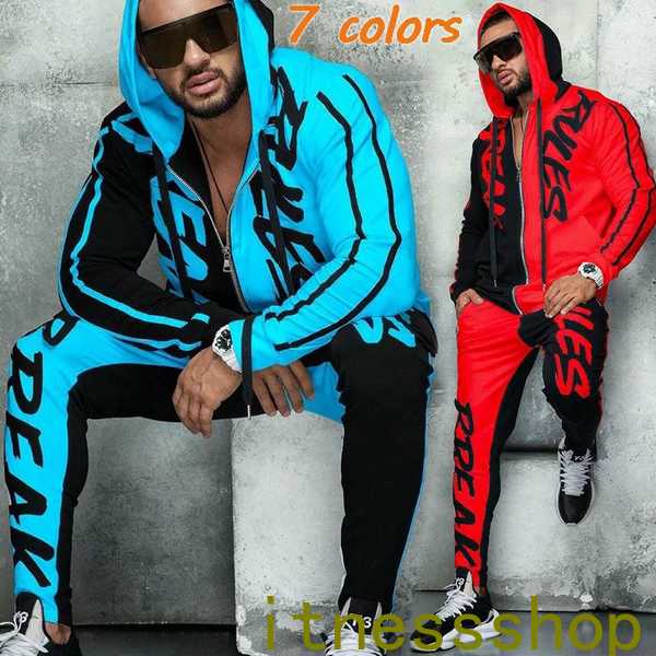 【期間特典】ギフト 個性的 ブルー レッド スウェットセットアップ　上下セットアップ　メンズ セットアップ 長袖 上下 ジップアップ シンプル パーカー スウェット 上下セット