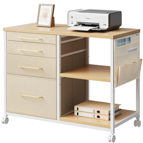 YeTom サイドキャビネット デスクワゴン 布製 袖机 層板付き サイドワゴン 4段 オフィスワゴン A4対応 プリンター台 大容量 キャスター付き デスク下収納 幅750*奥行400*高さ650m