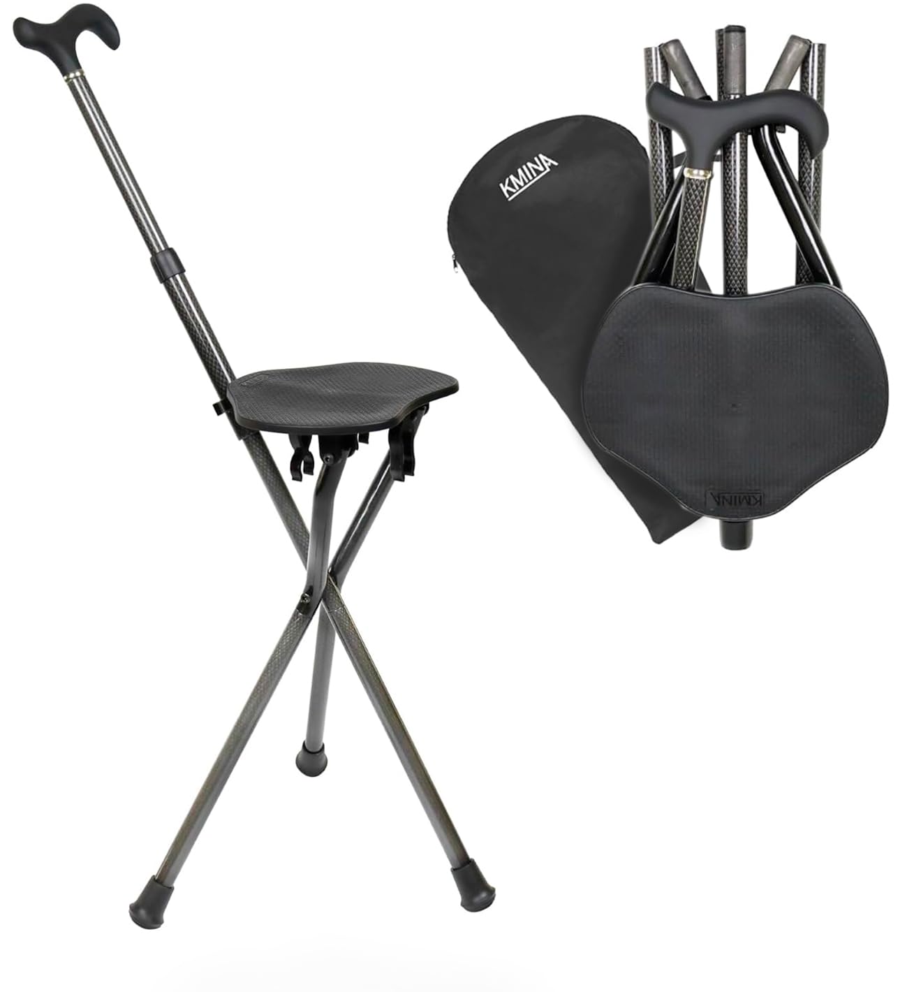 PRO - カーボンファイバー製シート付きステッキ (高さ調節可能ハンドル)