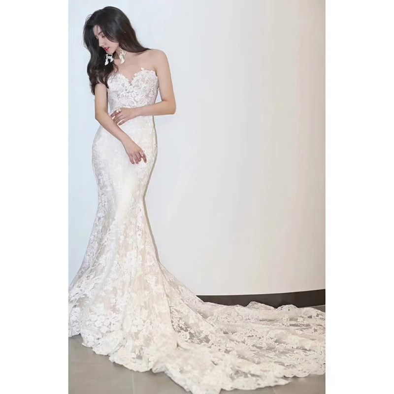 ロングドレス ウェディングドレス ホワイト 結婚式 花嫁 パーティードレス フィッシュテールドレス