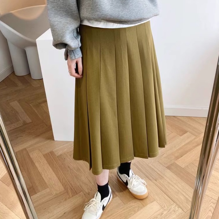 レディース スカート プリーツスカート ミモレ セミフレア Aライン プリーツ ファスナー ハイウエスト かわいい 大人可愛い シンプル カジュアル おしゃれ レトロ 学生風 ナチュラル 無地 春 秋