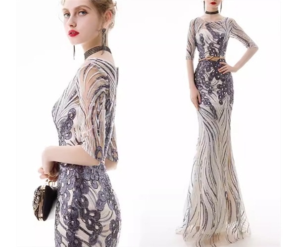 レディース ドレス イブニングドレス パーティードレス パフォーマンスドレス ロング マキシ 5分袖 Uネック スリム 細身 マーメイド 刺繍 大人可愛い きれいめ 上品 おしゃれ かっこいい 個性的