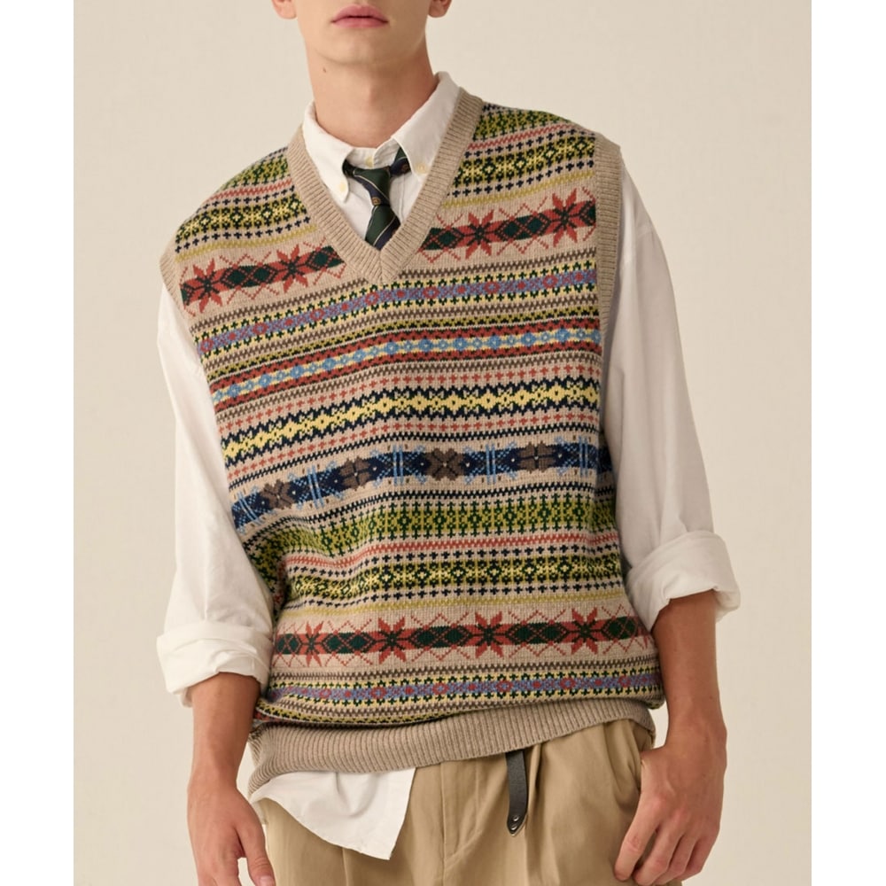 TAKEASYメリノウルフェアアイルベスト（ベージュ）