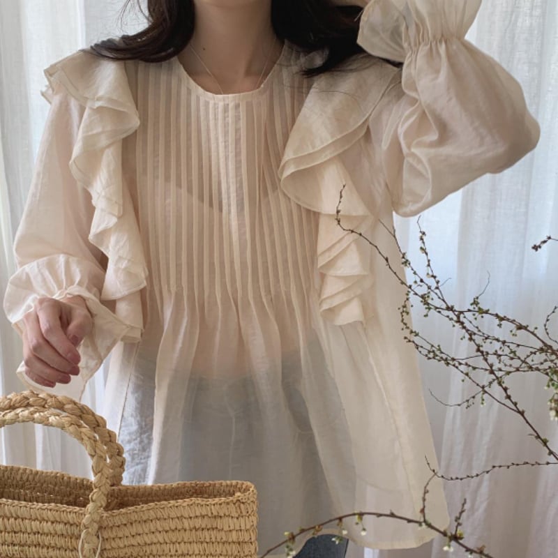 2color レディース ワンピース 長袖 袖あり フリル パフスリーブ ガーリー バックシャン