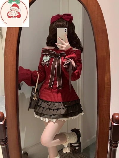 レッド ワンラインカラー クリスマス ニットセーター ケーキスカート 蝶ネクタイ サンタコス スーツ