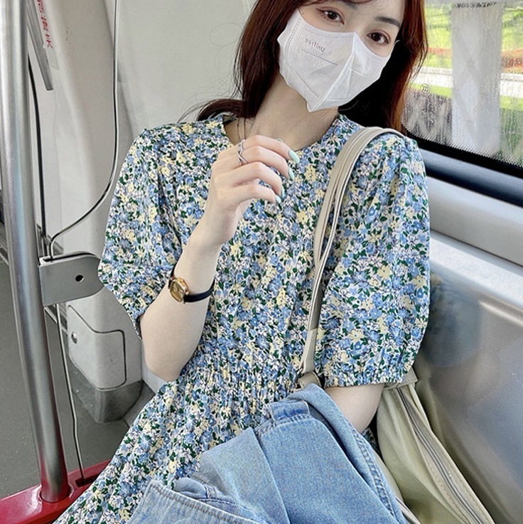 花柄ワンピース パフスリーブワンピース 春カジュアルワンピース ブルーワンピ スカート ワンピース プルオーバー オールインワン ロングスカート フレアスカート 膝下 ロング ロング丈 7分丈