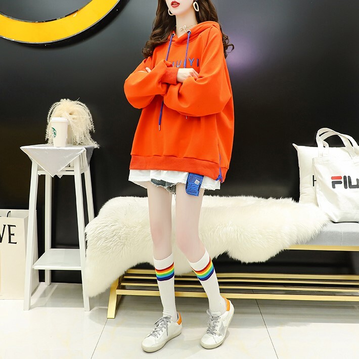 トップス パーカー フーディ トレーナー プルオーバー フード付き ワンピース風 ゆったり ゆる 長袖 レギュラー丈 ツーピース風 ストレート フリーサイズ 通勤 冬 厚手 厚地 オレンジ ブラック