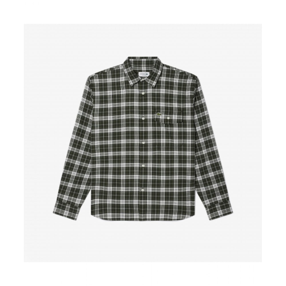 LACOSTE メンズミディアムチェックコットンツイルシャツ [グリーン]