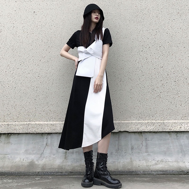 レディースファッション半袖ドレス2022夏新しい大黒と白のコントラストカラービッグボウ不規則なスリムニットドレスファッショントレンドレディーススカートオールマッチロングスカート
