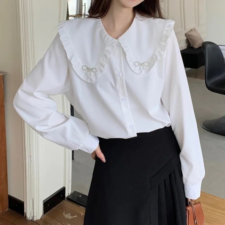 レディース ビッグカラーシャツ トップス シャツ ブラウス ビッグカラーブラウス フリルカラー