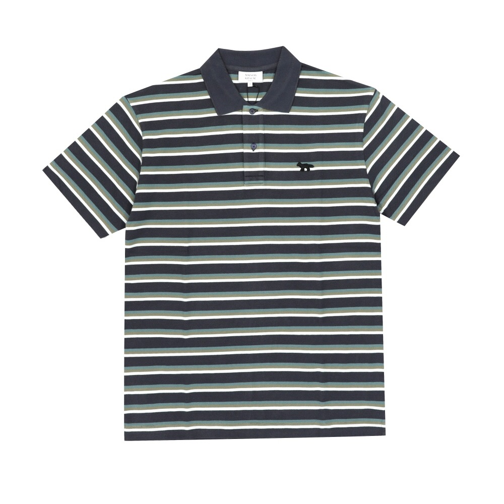 メゾンキツネ プロフィール フォックス ヘッド パッチ トリコロール ストライプ ポロ 半袖Tシャツ OM00209KJ7010
