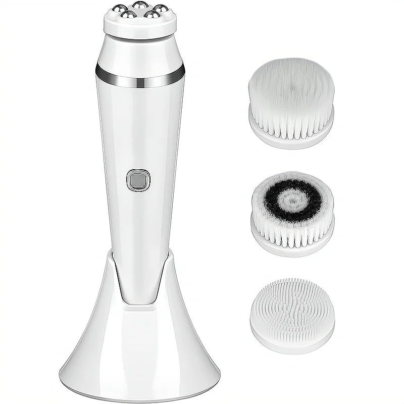 電動充電式多機能洗顔器 4 in 1 防水洗顔スピンブラシセット ディープクレンジング用 深層クレンジング 肌に優しいシリコンブラシマッサージローラー角質除去ブラシメイク落としブラシ付き30%までに制