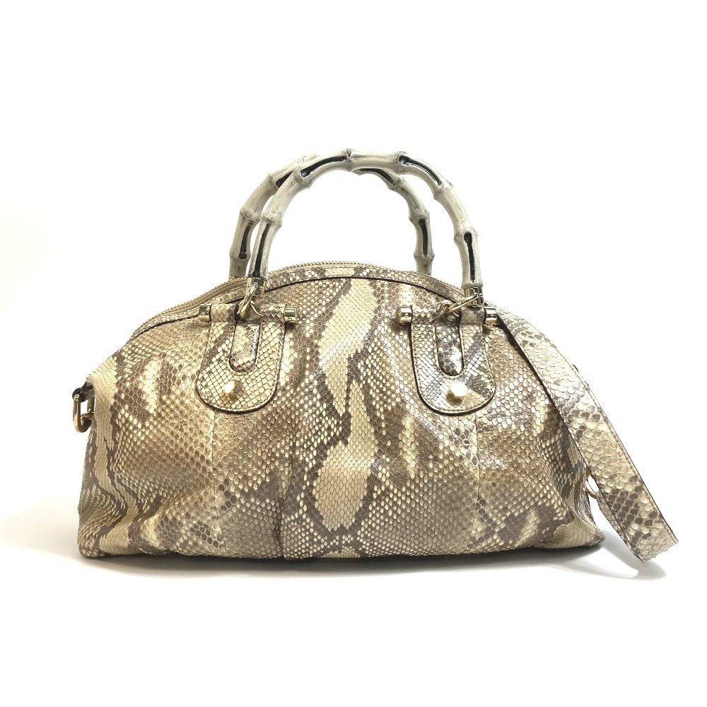 ボストンバッグ 189867 バンブーハンドル カバン 2WAY ショルダーバッグ パイソン ベージュ系