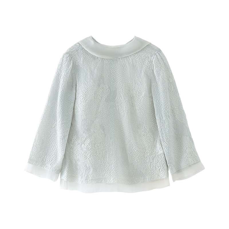 READ_ME 立体フラワージャカード素材のふんわりパフスリーブ開襟ブラウス（ピンクブルー）B91109126