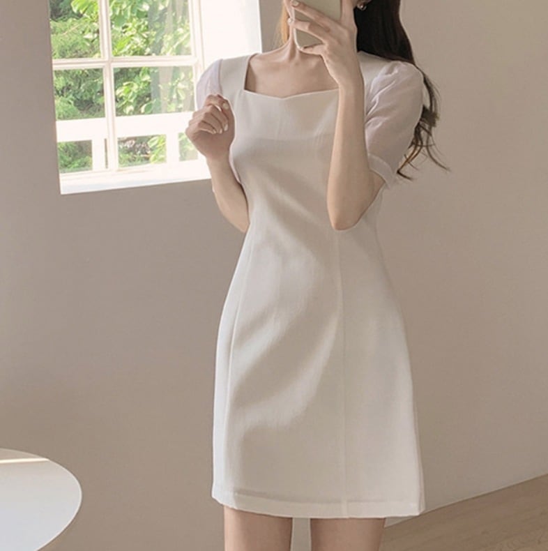 ワンピース デート かわいい 大人可愛い きれいめ シンプル カジュアル 大人 上品 おしゃれ スクエアネック 半袖　シアー ミニ丈 無地　オフィス　通勤 イベント ママ XL スリム 韓国　ホワイト