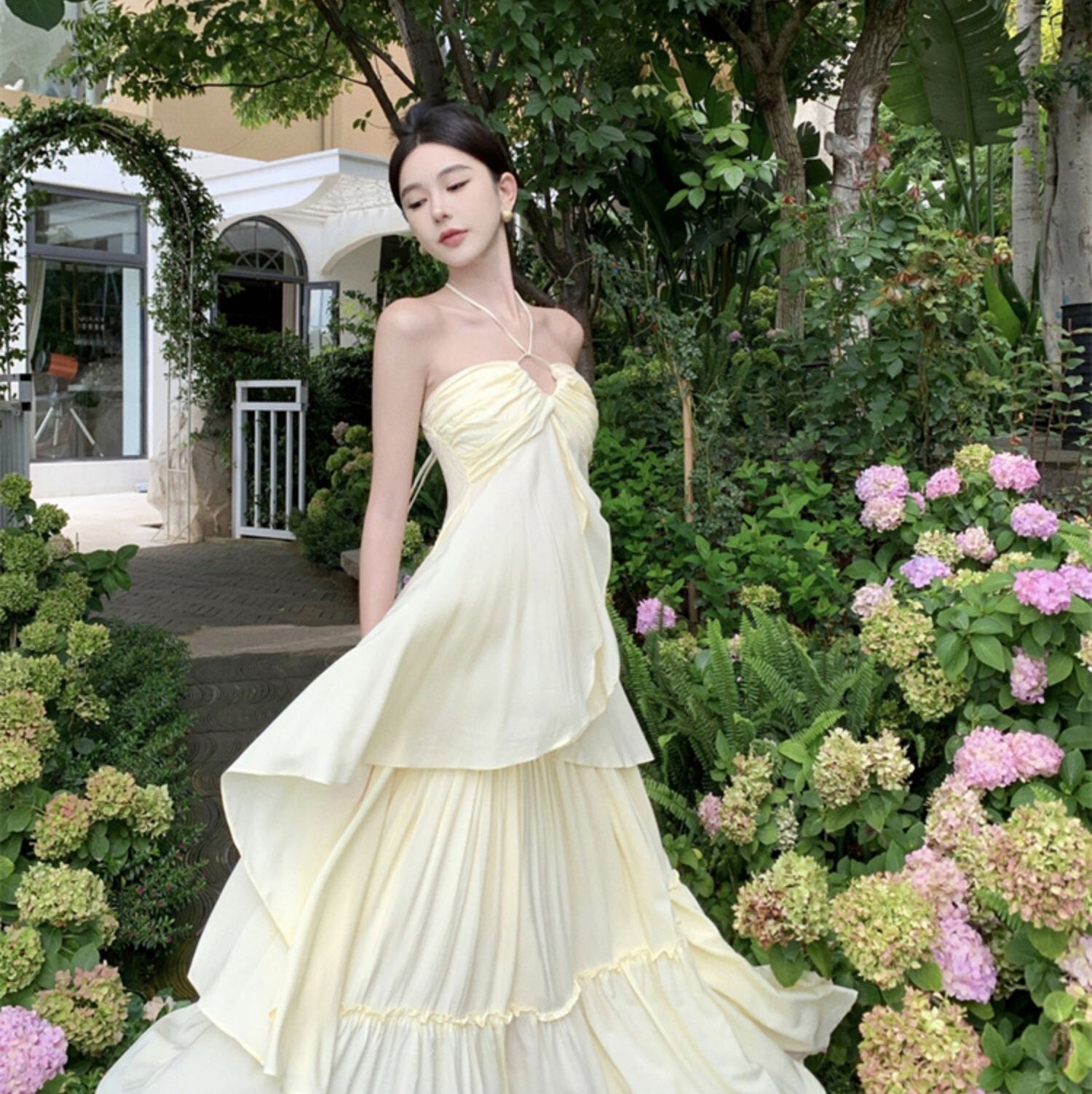 レディース ワンピース ロング 袖なし ホルターネック フレア フェミニン かわいい 大人可愛い シンプル カジュアル おしゃれ ラフ ガーリー 個性的 エレガント 主役級 ラブリー キュート