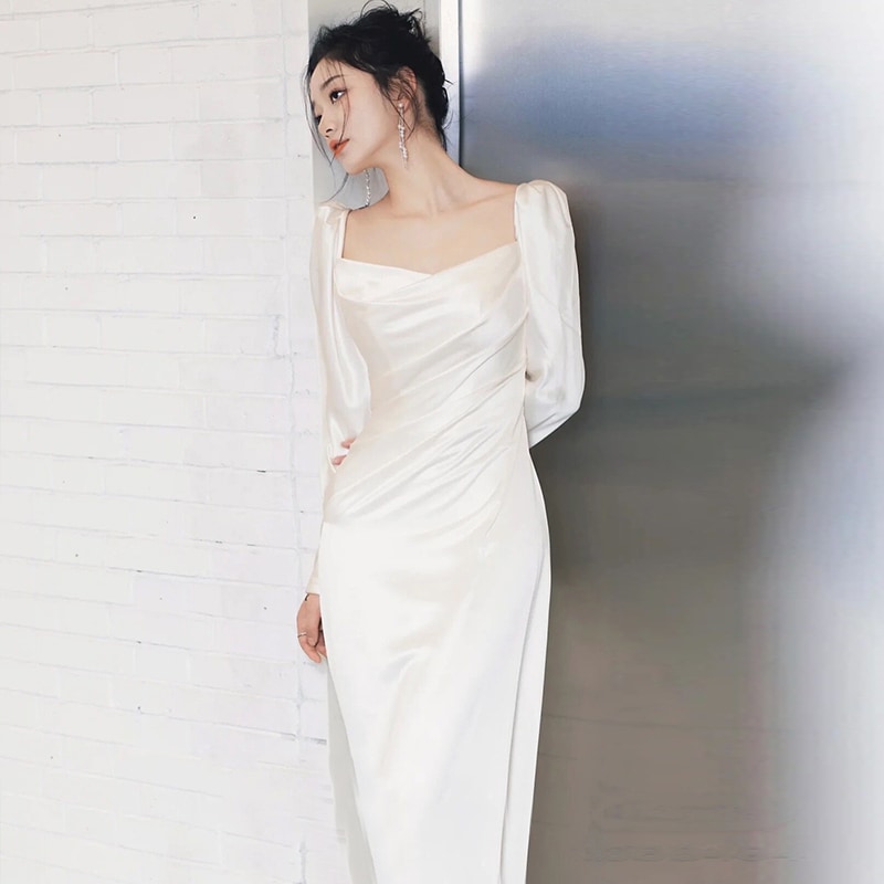 ドレス 衣装 ウエディングドレス イブニングドレス ロングドレス 長袖 胸元 セミフレア フィッシュテール ロング丈 ステージドレス 発表会 かわいい 大人可愛い きれいめ シンプル 上品 おしゃれ