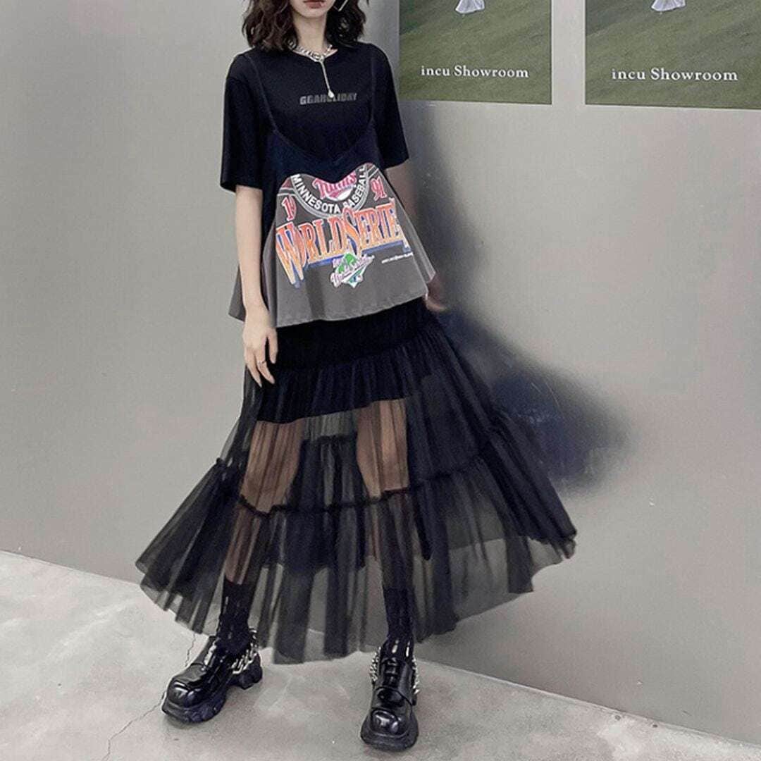 【送料無料】レディース ロングTシャツ ＆ シースルー キャミワンピ ２点セット シースルー ティアード 半袖 セットアップ 大人可愛い ママコーデ ママファッション 韓国系 オルチャン 人気