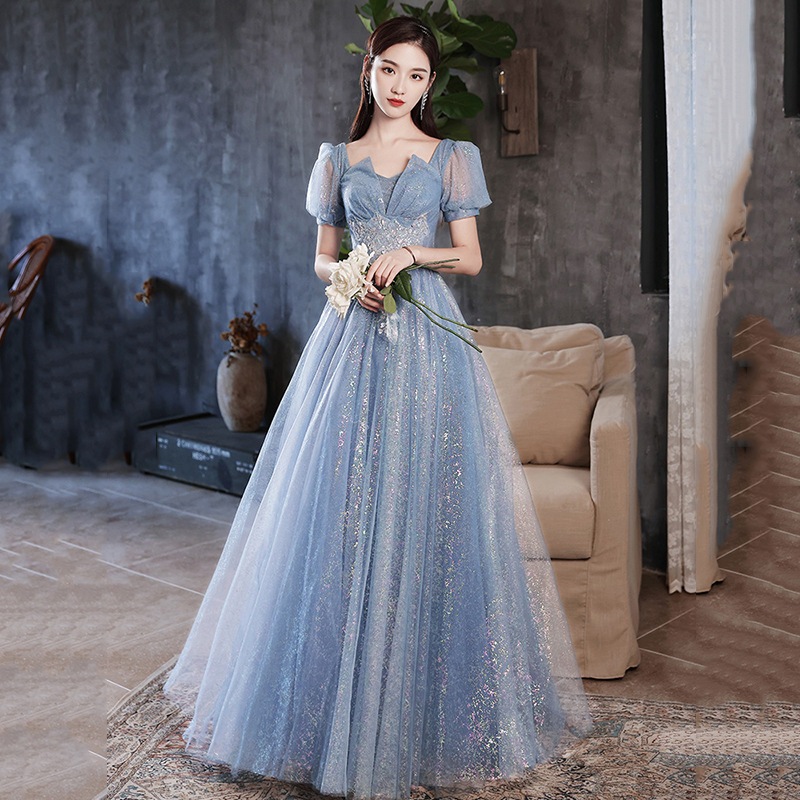 バンケットドレスレディース 2024 秋ブルー気質ドレスボーカルアート試験ドレス