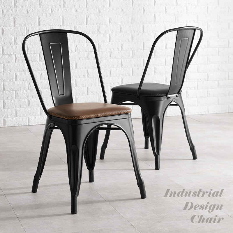 【インダストリアルデザイン】ダイニングチェア 2脚セット／スチールフレーム＆異素材座面／組立式＆スタッキング可