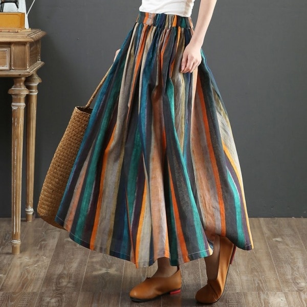 【韓国の人気爆発】 綿麻ストライプ柄配色プリーツスカート