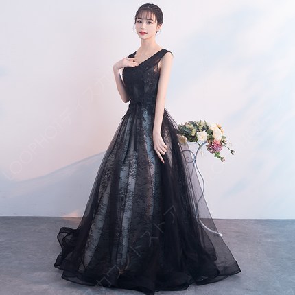 カラードレスパーティードレス舞台ドレス 二次会 演奏会優美なブラック XS SMLXL XXL-49