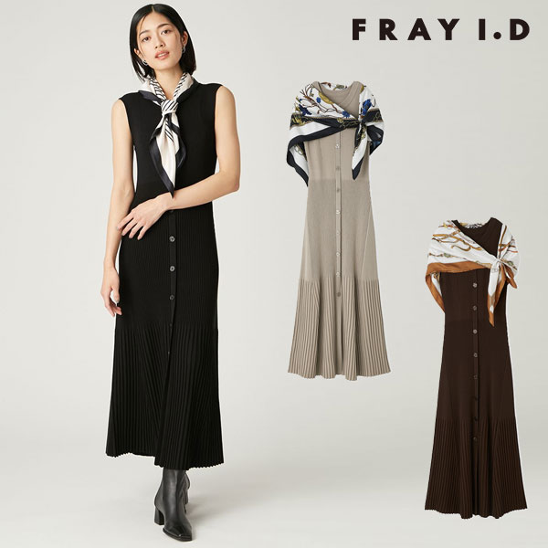 【即納】フレイアイディー FRAY I.D ドレス 25秋冬 スカーフセットニットワンピース ノースリーブ ロング丈 fwno254157