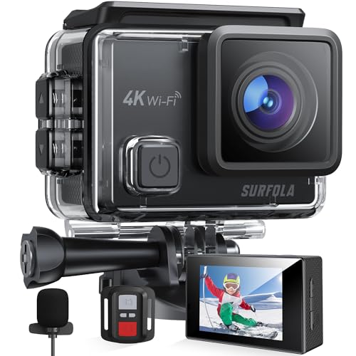 Surfola アクションカメラ 4K 30fps 20MP EIS手ぶれ補正 デュアルカラースクリーン 水中 スポーツ マイク付 170度魚眼レンズ リモコン付 バッテリー2個 ウェアラブル 豊富な