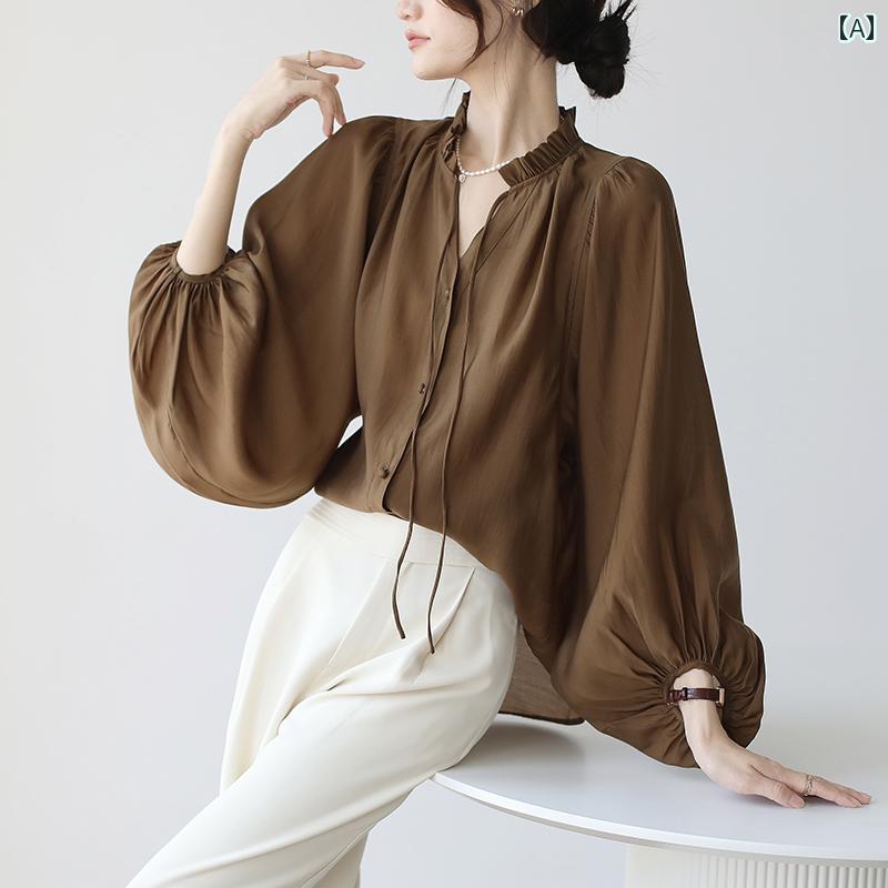 シャツ トップス レディース ブラウス フランス 優しい パフスリーブ かわいい エッジ レースアップ