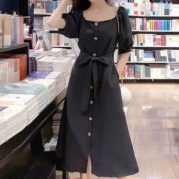 2色 ワンピース 半袖 春夏 きれいめ ロング aライン aライン Aライン フレア ワンピドレス 膝下 ミモレ ミモレ丈 7分丈 ミディアム丈 ミドル丈 五分袖 ぽわん袖 袖コンシャス パフスリーブ