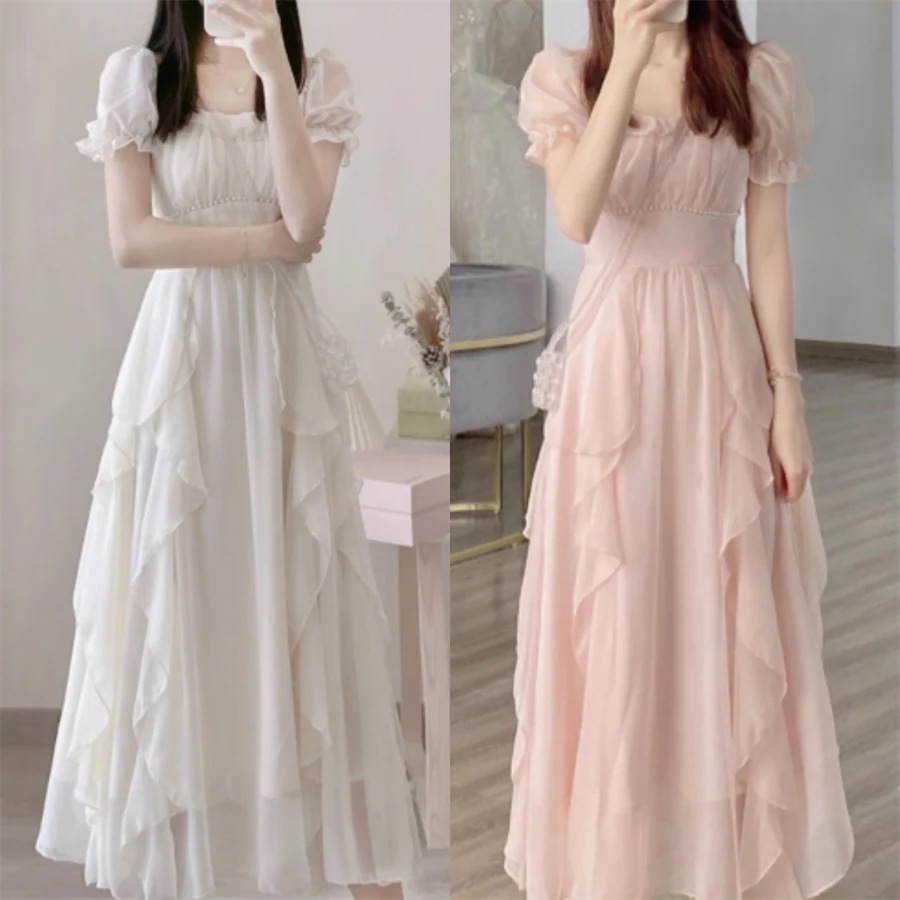 ドレス ロングドレス ワンピース パーティドレス ロング マキシ 袖あり 半袖 ラウンドネック Aライン フレア ビジュー装飾 透け感 シースルー フリル 薄手生地 エレガント 可愛い 大人可愛い