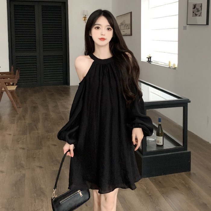 ティーブレイクフランスの気質ルーズハイエンドセクシーバブル長袖オフショルダーホルタードレス妖精春秋リトルマン