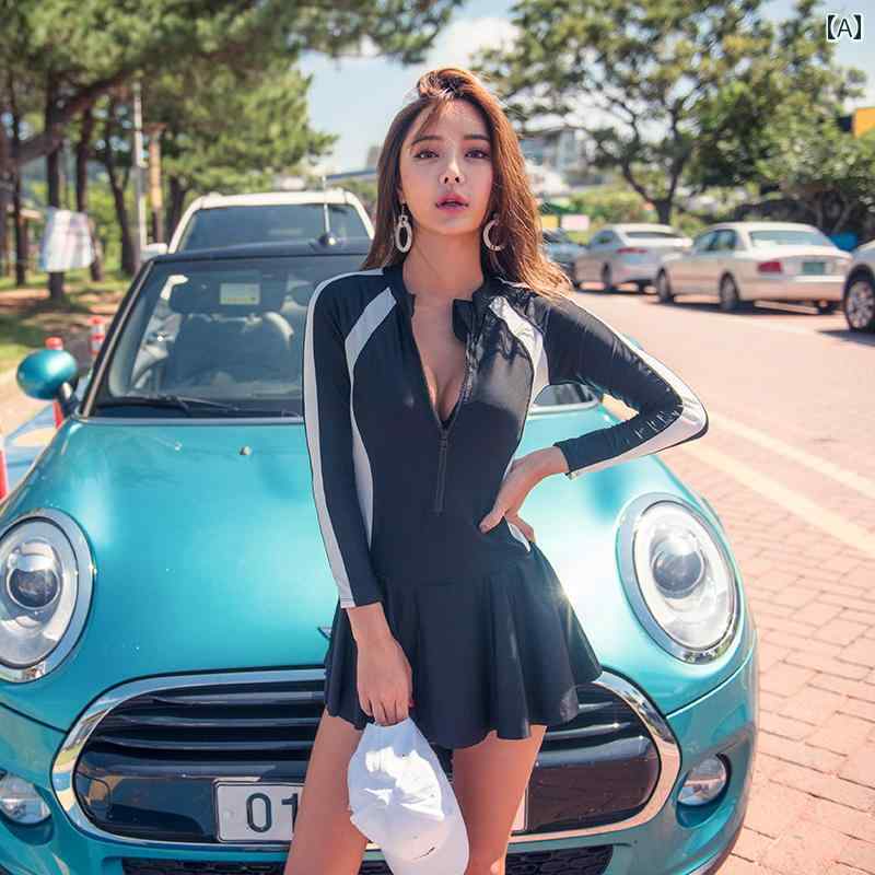 女性用 ダイビングスーツ 長袖 日焼け防止 温泉 水着 ワンピーススカート水着 セクシー スリム見え お腹カバー
