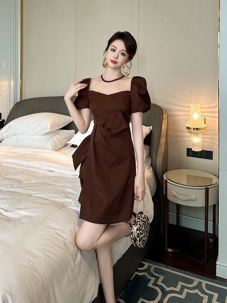 夏 蝶結びドッキング 栗色 ショート ドレス パーティー キャバ 大人 同窓会 披露宴 卒業式 結婚式 演奏会 ウェディング 二次会